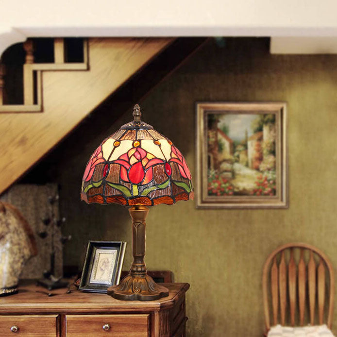 Lampe de table ronde à 1 lumière en verre teinté Tiffany Rustic Tulip 