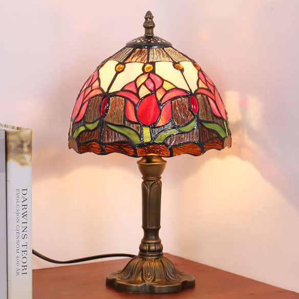 Tiffany Rustic Tulip Stained Glass Round 1-Light Table Lamp