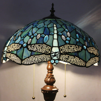 European Vintage Tiffany Dragonfly Glass Resin 2-Light Standing Floor Lamp