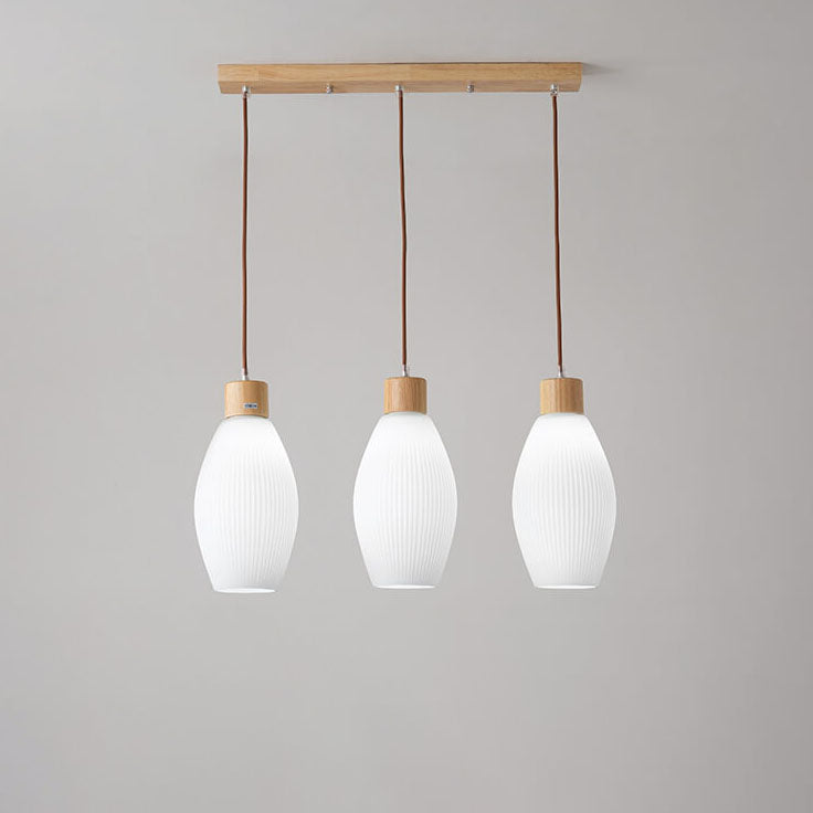 Minimalist Wood Stripes Glass Oval Jar 3-Light Island Light Chandelier