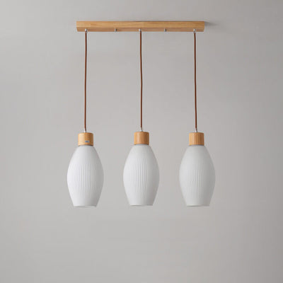 Minimalist Wood Stripes Glass Oval Jar 3-Light Island Light Chandelier