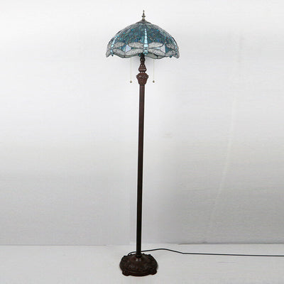 European Vintage Tiffany Dragonfly Glass Resin 2-Light Standing Floor Lamp