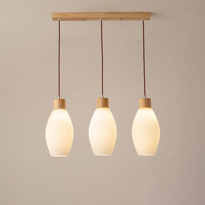 Minimalist Wood Stripes Glass Oval Jar 3-Light Island Light Chandelier
