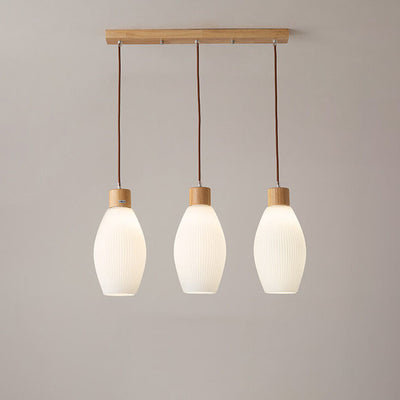 Minimalist Wood Stripes Glass Oval Jar 3-Light Island Light Chandelier