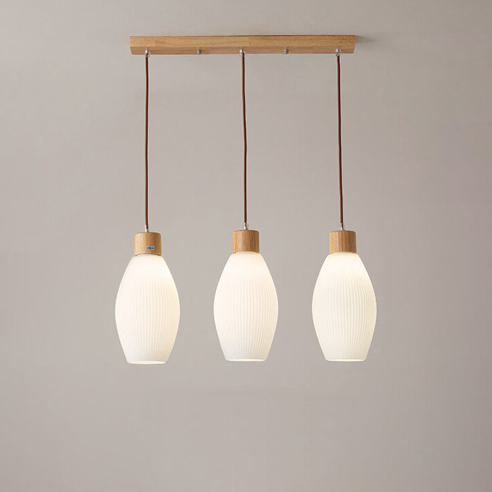 Minimalist Wood Stripes Glass Oval Jar 3-Light Island Light Chandelier