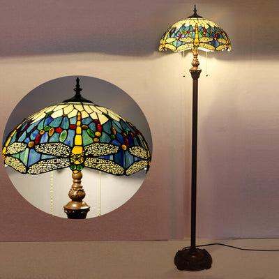 Europäische Vintage Tiffany Dragonfly Glas Harz 2-Licht Stehlampe 