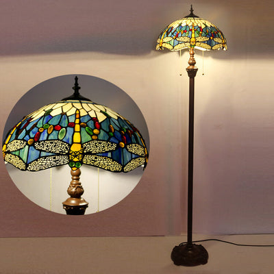 European Vintage Tiffany Dragonfly Glass Resin 2-Light Standing Floor Lamp