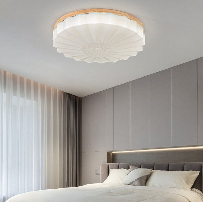 Japanese Minimalist Round Wood Acrylic LED Flush Mount Lighting