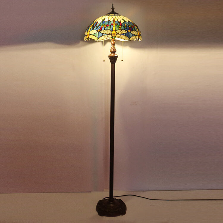 European Vintage Tiffany Dragonfly Glass Resin 2-Light Standing Floor Lamp