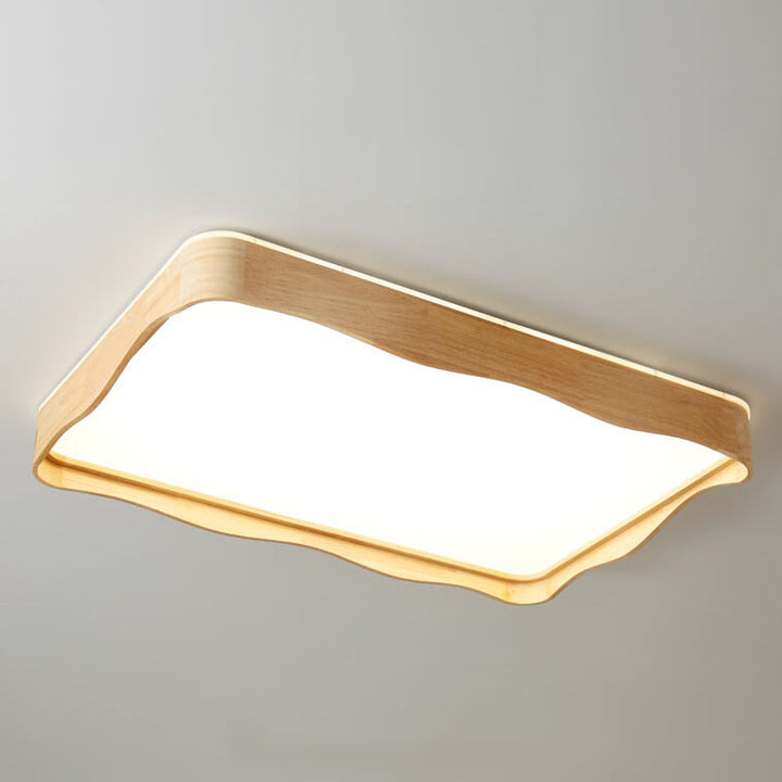 Modern Minimal Wave Rectangular Rubberwood Acrylic LED Flush Mount Lighting