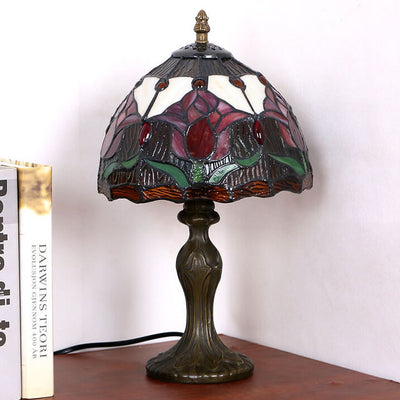 Tiffany Rustic Tulip Stained Glass Round 1-Light Table Lamp