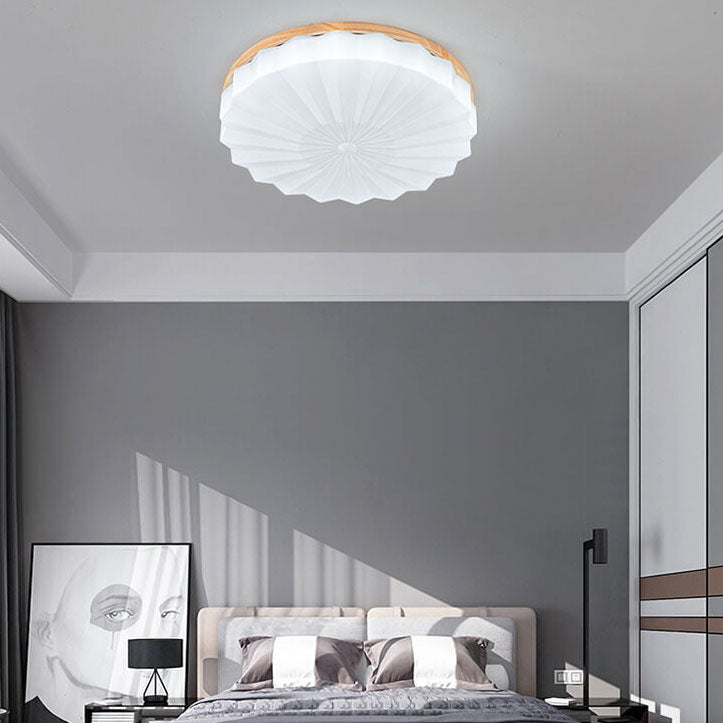 Japanese Minimalist Round Wood Acrylic LED Flush Mount Lighting