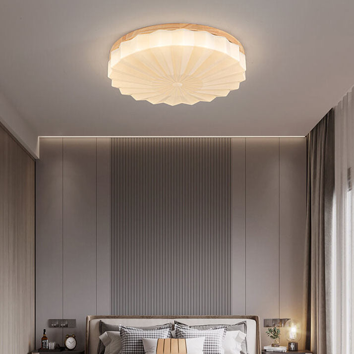 Japanese Minimalist Round Wood Acrylic LED Flush Mount Lighting