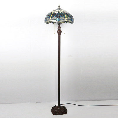 European Vintage Tiffany Dragonfly Glass Resin 2-Light Standing Floor Lamp