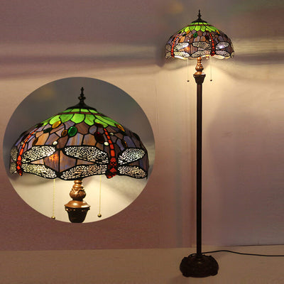 Europäische Vintage Tiffany Dragonfly Glas Harz 2-Licht Stehlampe 