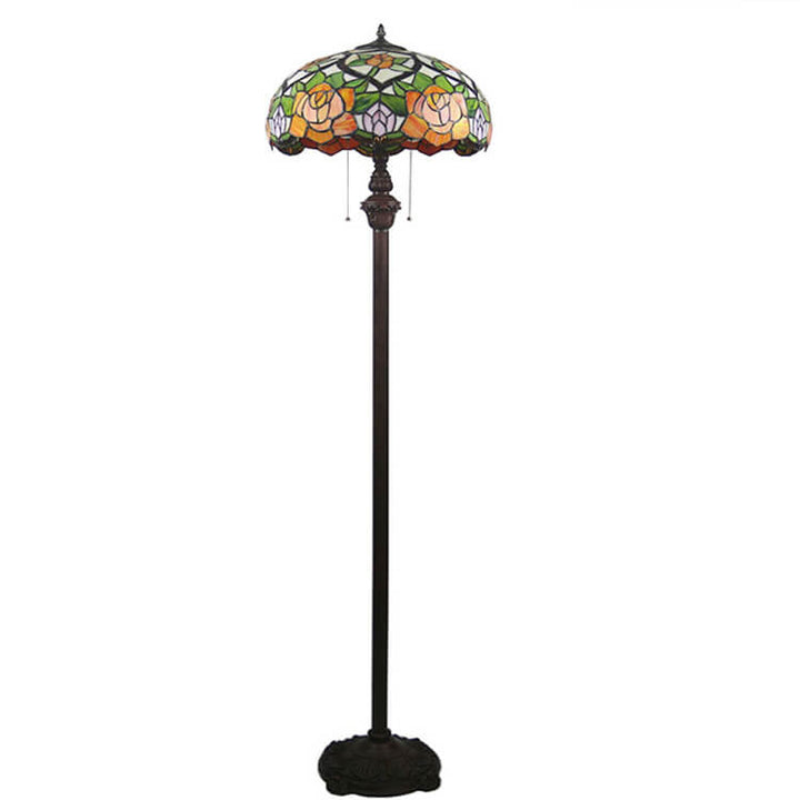 Lampadaire Tiffany Vintage Rose Leaf Dome en verre teinté à deux lumières 
