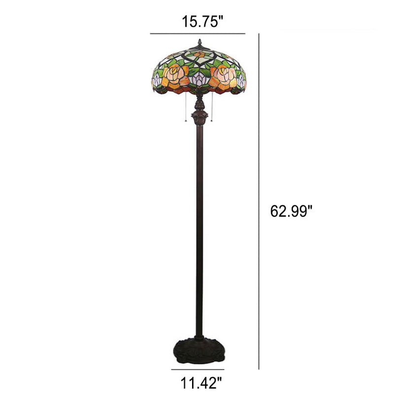 Tiffany Vintage Rose Leaf Dome Stained Glass 2-Light Standing Floor Lamp