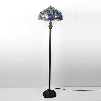 European Vintage Tiffany Dragonfly Glass Resin 2-Light Standing Floor Lamp