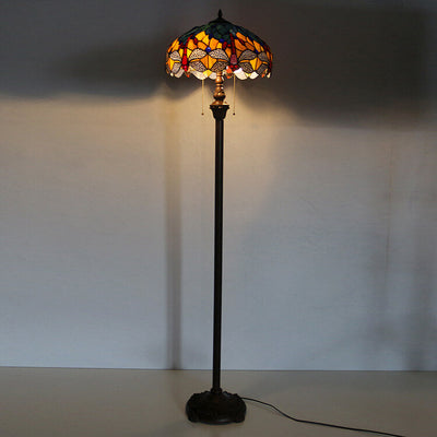 European Vintage Tiffany Dragonfly Glass Resin 2-Light Standing Floor Lamp