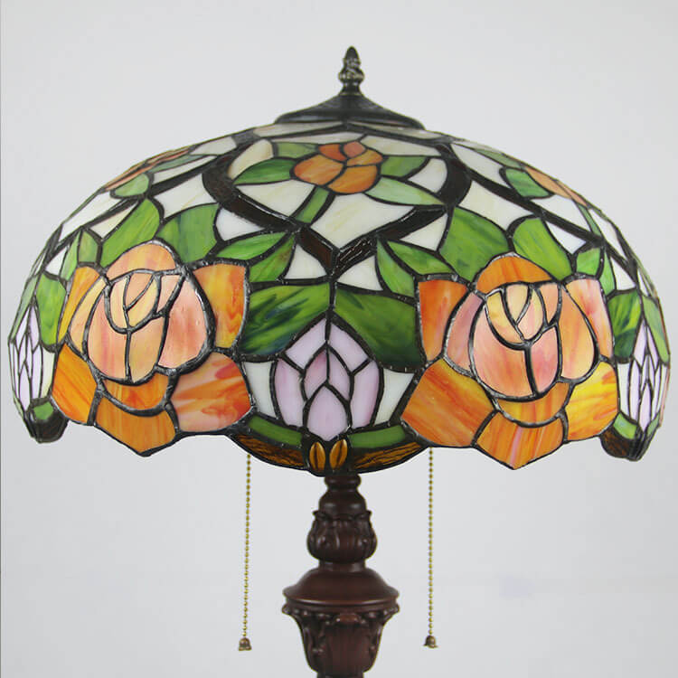Lampadaire Tiffany Vintage Rose Leaf Dome en verre teinté à deux lumières 