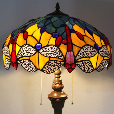 European Vintage Tiffany Dragonfly Glass Resin 2-Light Standing Floor Lamp