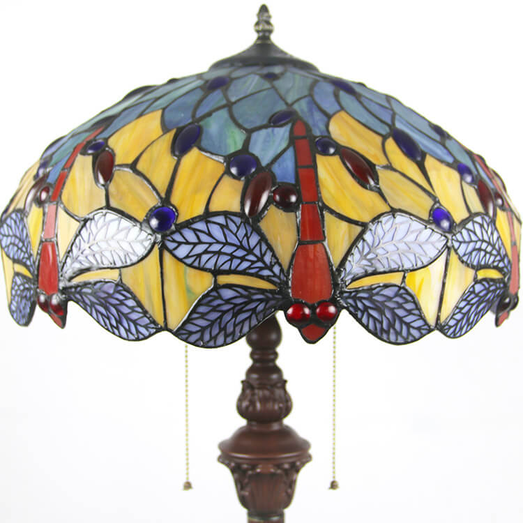 European Vintage Tiffany Dragonfly Glass Resin 2-Light Standing Floor Lamp