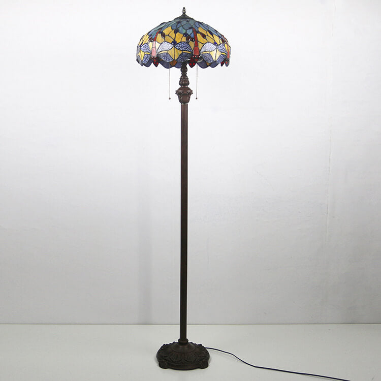 European Vintage Tiffany Dragonfly Glass Resin 2-Light Standing Floor Lamp