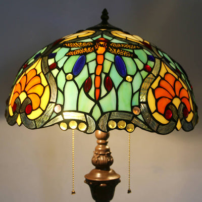 Europäische Vintage Tiffany Dragonfly Glas Harz 2-Licht Stehlampe 