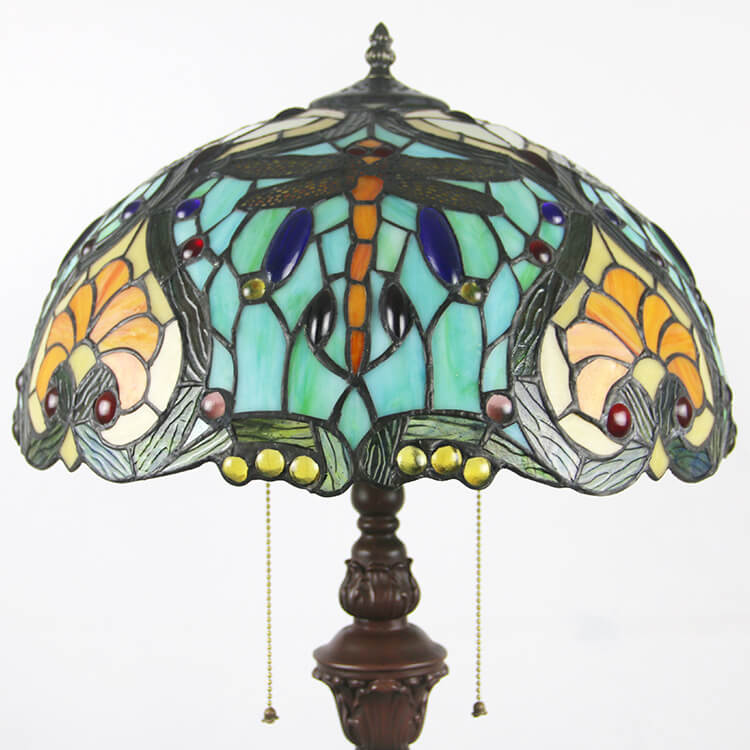 Europäische Vintage Tiffany Dragonfly Glas Harz 2-Licht Stehlampe 