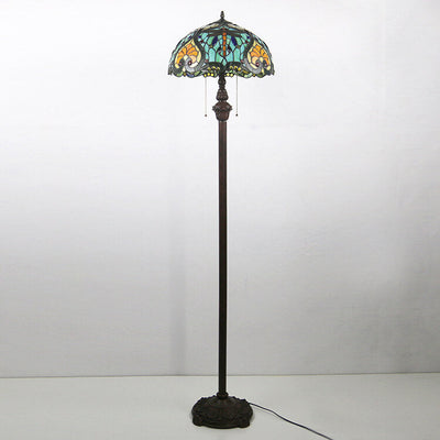 European Vintage Tiffany Dragonfly Glass Resin 2-Light Standing Floor Lamp