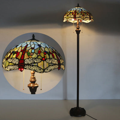 Europäische Vintage Tiffany Dragonfly Glas Harz 2-Licht Stehlampe 