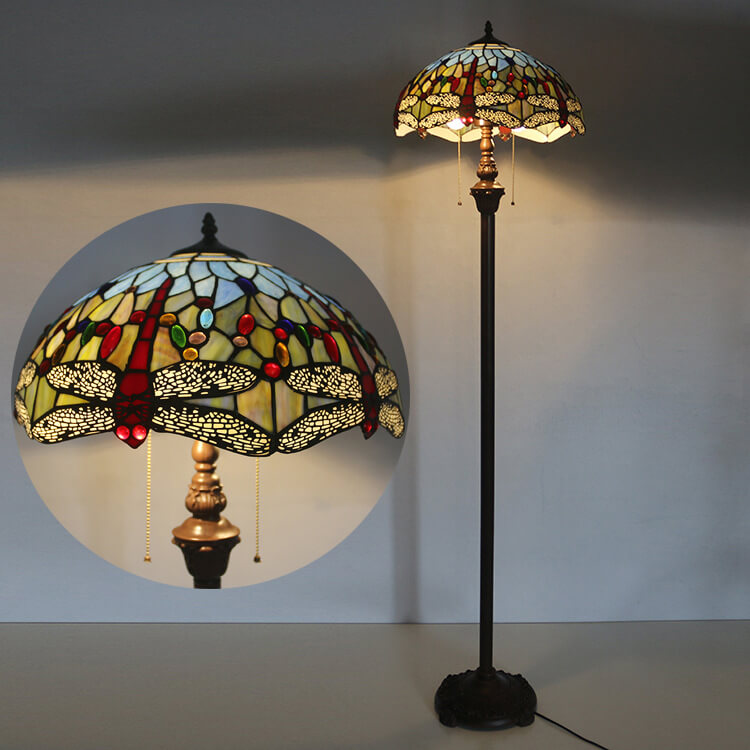 European Vintage Tiffany Dragonfly Glass Resin 2-Light Standing Floor Lamp