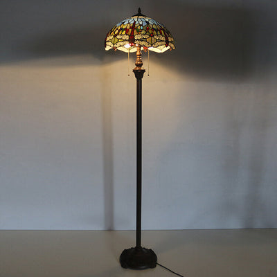 European Vintage Tiffany Dragonfly Glass Resin 2-Light Standing Floor Lamp