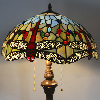 European Vintage Tiffany Dragonfly Glass Resin 2-Light Standing Floor Lamp