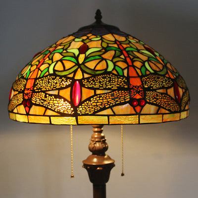 European Vintage Tiffany Dragonfly Glass Resin 2-Light Standing Floor Lamp