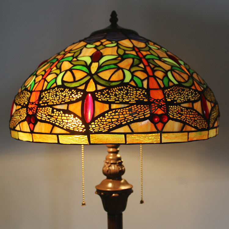 Europäische Vintage Tiffany Dragonfly Glas Harz 2-Licht Stehlampe 