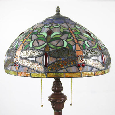 European Vintage Tiffany Dragonfly Glass Resin 2-Light Standing Floor Lamp