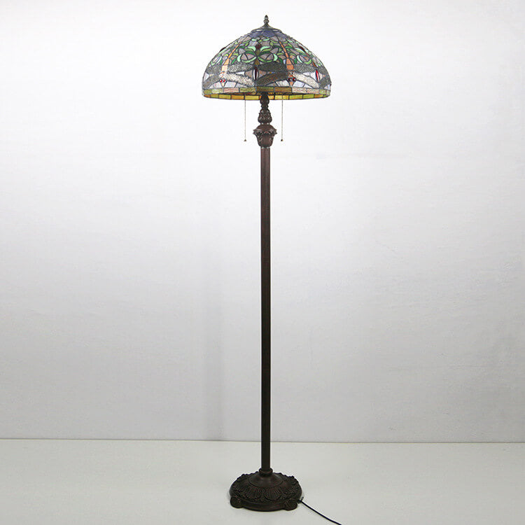 European Vintage Tiffany Dragonfly Glass Resin 2-Light Standing Floor Lamp