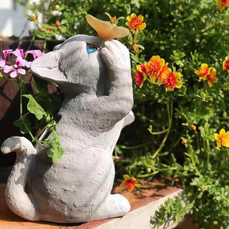 Garden Statue Solar Cat Resin with Butterfly Resin Outdoor Waterproof Decorative LED Night Light