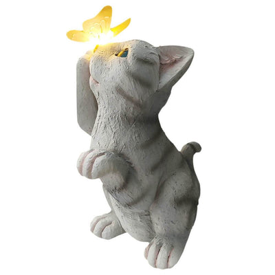 Garden Statue Solar Cat Resin with Butterfly Resin Outdoor Waterproof Decorative LED Night Light