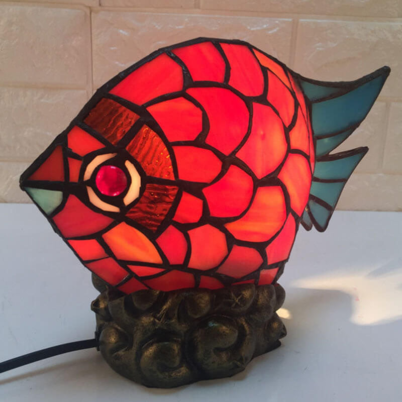 Lampe de table 1 lumière en verre de fer Tiffany Poisson créatif rétro européen 