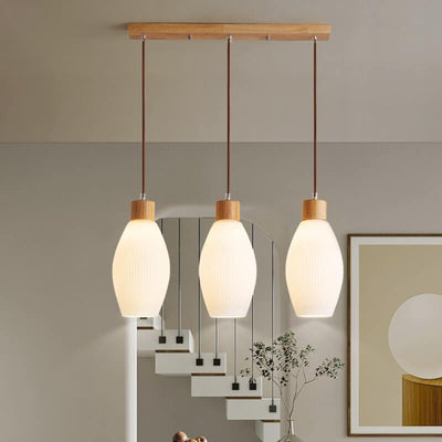 Minimalist Wood Stripes Glass Oval Jar 3-Light Island Light Chandelier