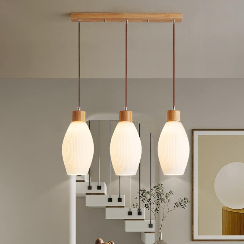 Minimalist Wood Stripes Glass Oval Jar 3-Light Island Light Chandelier