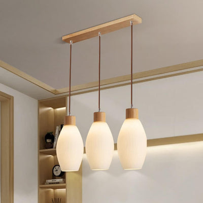 Minimalist Wood Stripes Glass Oval Jar 3-Light Island Light Chandelier