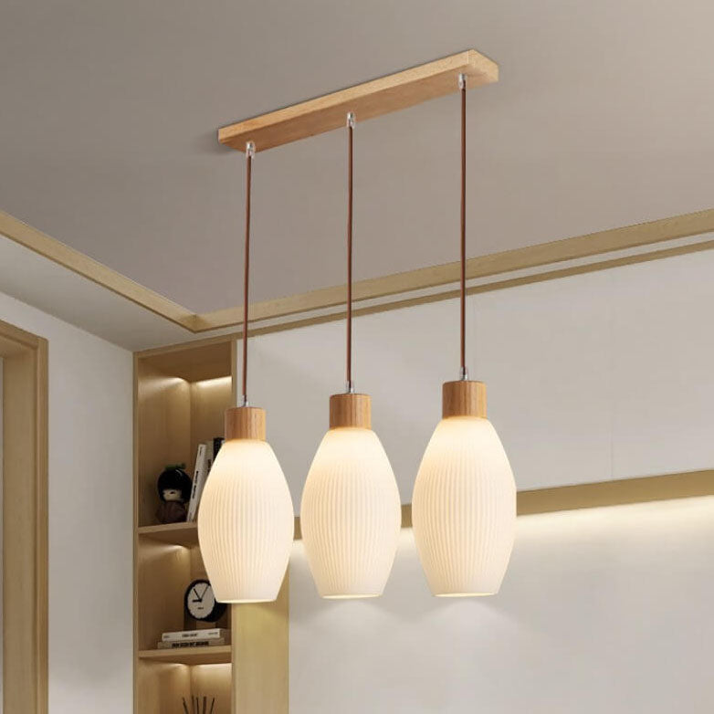 Minimalist Wood Stripes Glass Oval Jar 3-Light Island Light Chandelier