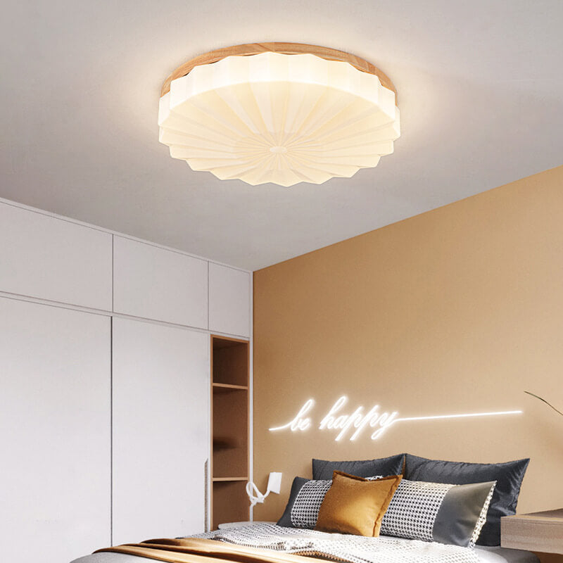 Japanese Minimalist Round Wood Acrylic LED Flush Mount Lighting