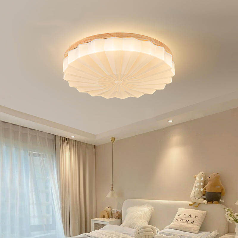 Japanese Minimalist Round Wood Acrylic LED Flush Mount Lighting