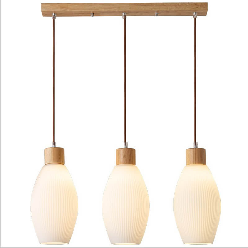 Minimalist Wood Stripes Glass Oval Jar 3-Light Island Light Chandelier