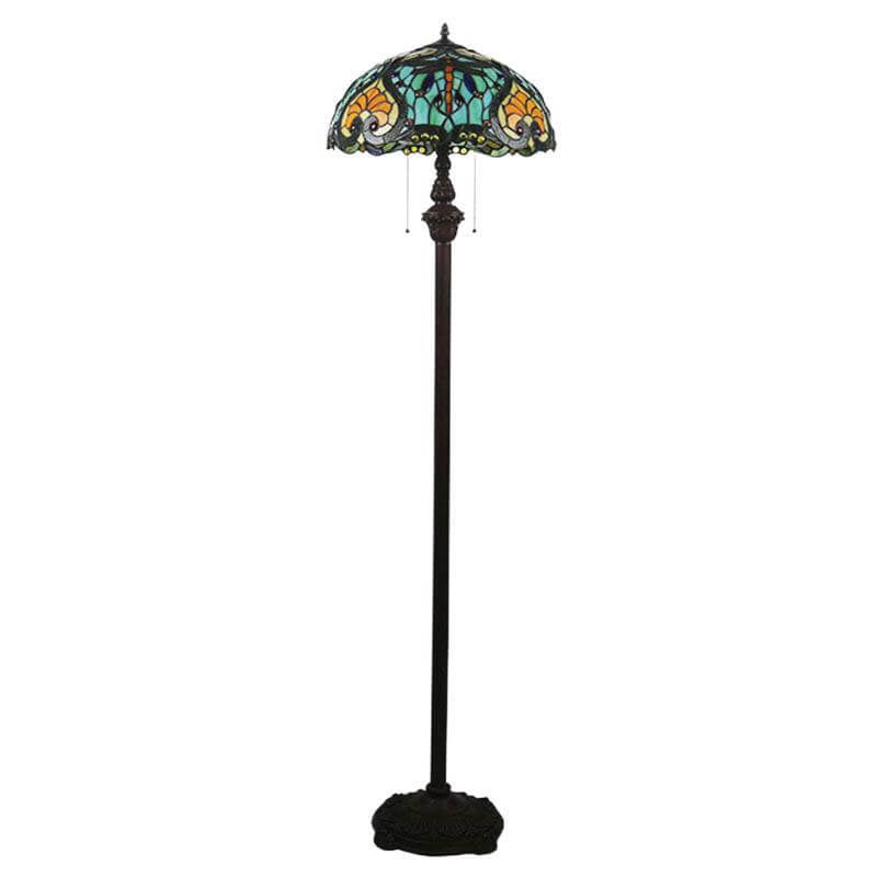 European Vintage Tiffany Dragonfly Glass Resin 2-Light Standing Floor Lamp