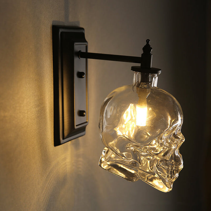 Contemporary Creative Round Skull Glass Iron 1-Light Halloween Wall Sconce Lamp For Living Room